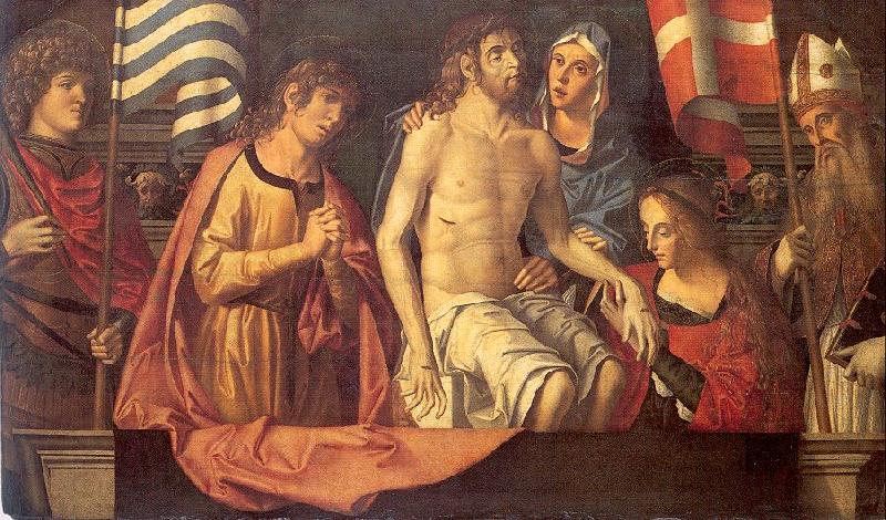 Palmezzano, Marco The Dead Christ in the Tomb with the Virgin Mary Saints oil painting picture